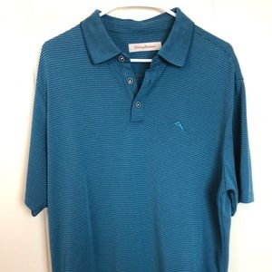 Tommy Bahama Shirt Sleeve Polo Henley Shirt Ribbed Stripes Dark Teal Green Sz L